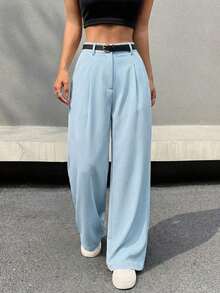 Pantalones anchos casuales y para ir al trabajo de mujer con cintura alta plisada y cinturón en beige - Azul - Ver 3