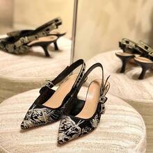 Letter Embroidered Bow Sandals For Women 2026 Spring Vintage Gold Embroidered Floral High Heels With Closed Toe - 黑金6.5厘米 - 查看 7