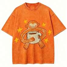 Vintage Washed BlackT-Shirt, Cute Cartoon Monkey With Coffee Cup & Yellow Stars Print Tee,Retro Distressed Oversized Short Sleeve Casual StreetwearTop - 橘色 - 查看 10