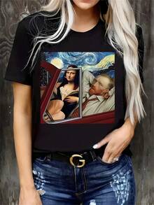 Women's T-Shirt With Mona Lisa And Van Gogh Print - Black, Casual, Crew Neck, With Vintage Car Design And Artistic Lettering, Perfect For Everyday Wear, Holiday And Birthday Gift, Comfortable Fashion For Women And Y2K Style - 白色 - 查看 10