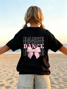 Tween Girl Dancer Bow Print T-Shirt, Soft And Comfortable Fabric, Suitable For Girls To Wear For Travel, Vacation, Outdoor Sports, Daily Wear, Casual Travel, Best Choice! Fashionable Girls' Casual Versatile Top For Spring And Summer - Black - View 2