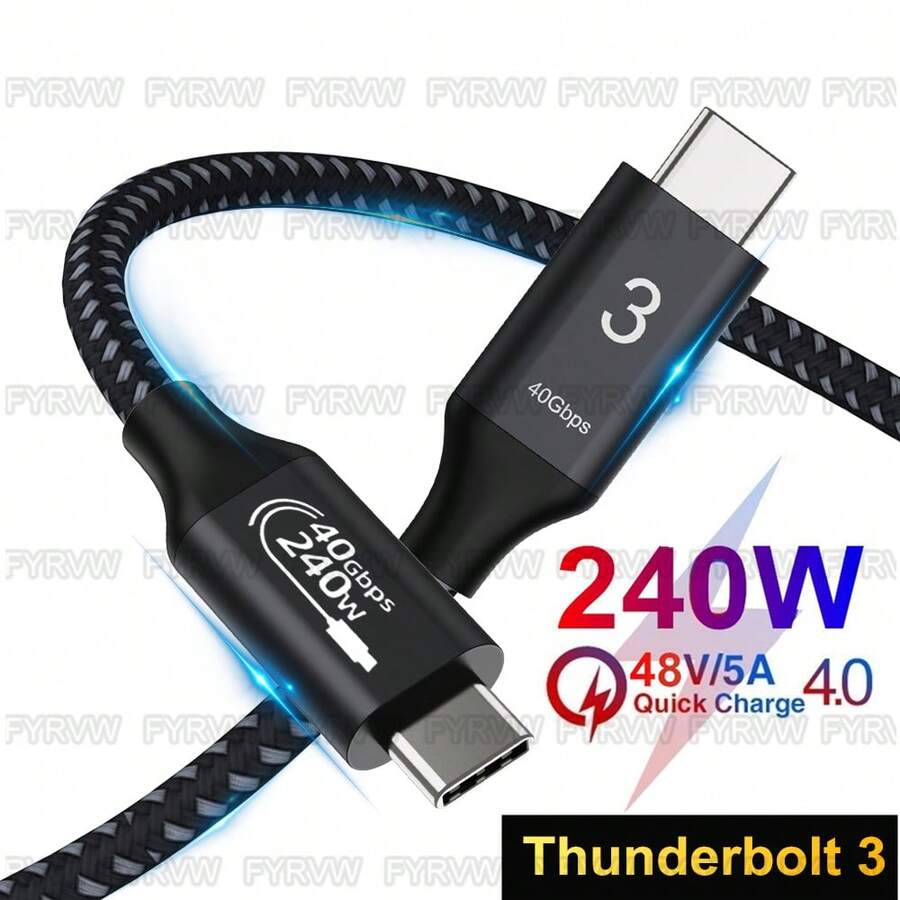 FYRVW 240W USB-C Thunderbolt 3 线缆,40Gbps 传输速度,兼容 15 Pro、外置显卡扩展坞、M1 芯片苹果笔记本电脑,支持 8K 分辨率。 - 黑色 - 查看 1