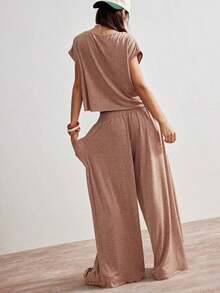 BohoFeels Set de 2 piezas: Camiseta de punto holgada de cuello redondo de unicolor y pantalones anchos de cintura alta para mujer - Óxido marrón - Ver 9