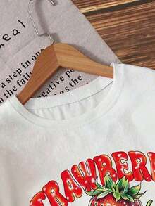 ropa de mujer Camiseta con estampado de frutas de verano Camiseta de fresa Camiseta de mujer con estampado de letras Happy Time Camiseta de mujer con estampado de fresa camisas de mujer - Blanco - Ver 3