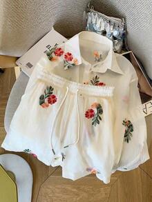 Conjunto de camisa de manga larga de hombros caídos y pantalones cortos de gasa holgada y regular - Blanco - Ver 4