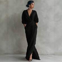 DAILY DOSE 2026 New Elegant Solid Color V Neck Long Sleeve Slit Waist Pocket Midi Dress For Women Chic European And American Style Party Casual Bodycon Maxi Dress With Side Slits, Girls' Gifts - 黑色 - 查看 1
