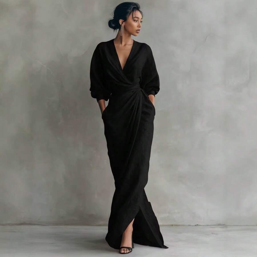 DAILY DOSE 2026 New Elegant Solid Color V Neck Long Sleeve Slit Waist Pocket Midi Dress For Women Chic European And American Style Party Casual Bodycon Maxi Dress With Side Slits, Girls' Gifts - 黑色 - 查看 1
