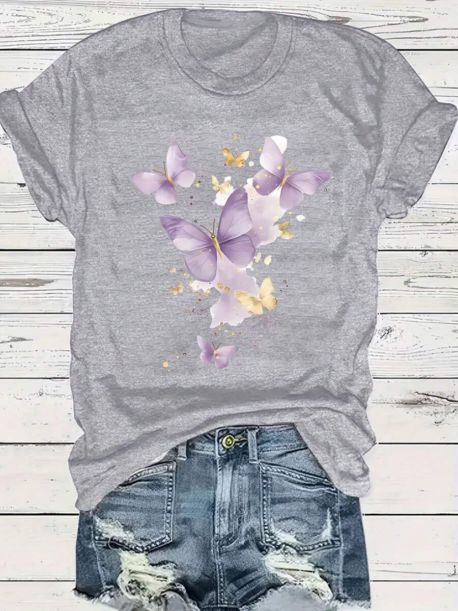 Plus Size Women's Plus Size T-Shirt With Purple Butterfly And Letter Print - Round Neck, Warm And Casual For Winter, Comfortable Casual Clothing For Plus Sizes, Cozy Machine Washable Blouse For Autumn And Winter - 灰色 - 查看 1