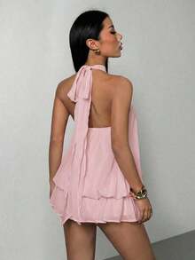 Vestido mini elegante de mujer con escote halter y lazo en color beige - Rosa - Ver 2