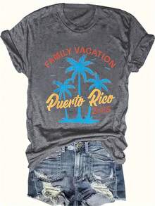 Women's Plus Size Graphic T-Shirt With Puerto Rico Design - Casual Short Sleeve Crew Neck Top With Palm Tree Design, Bright Pink, Perfect For Spring And Summer, Casual Spring Wear | Family Vacation Design | Vibrant Print T-Shirt, Puerto Rico T-Shirt - 深灰色 - 查看 6