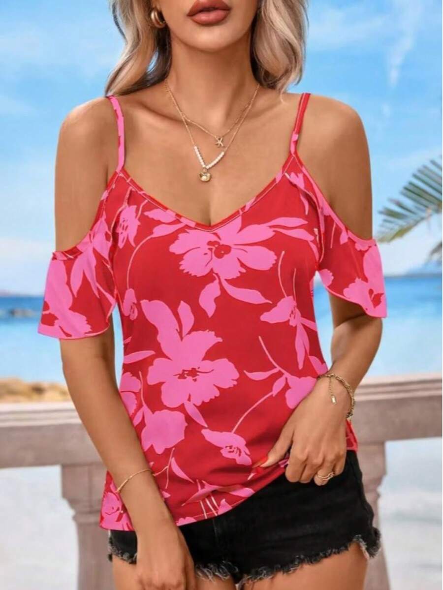 Women's Off-Shoulder Strappy V-Neck Floral Print Blouse, 33052 - Pink - View 1