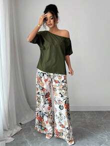 2 piezas Conjunto de top asimétrico de cuello sólido y pantalones con estampado tropical, estilo casual de vacaciones - Verde militar - Ver 6