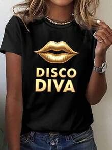 Camiseta dorada metálica estampada con diseño DISCO DIVA, top casual de manga corta y cuello redondo, perfecta para verano y primavera, ropa de mujer - Negro - Ver 6