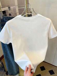 Camiseta de mujer de cuello redondo de manga corta con estampado digital y bordado de corazón - Blanco 3 - Ver 2