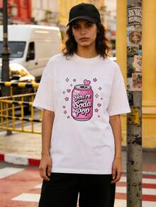Ropa de Verano para Mujer, Camiseta Casual de Algodón Suave con Cuello Redondo, Estampado de Letras de Lata de Refresco Rosa. Negro. - Blanco - Ver 1