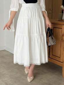 Falda A-Line con cintura elástica y encaje blanco, con volantes - Blanco - Ver 6