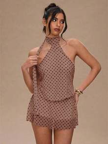 Vestido mini con cuello halter y espalda descubierta con estampado de lunares, para el verano - Marrón - Ver 4