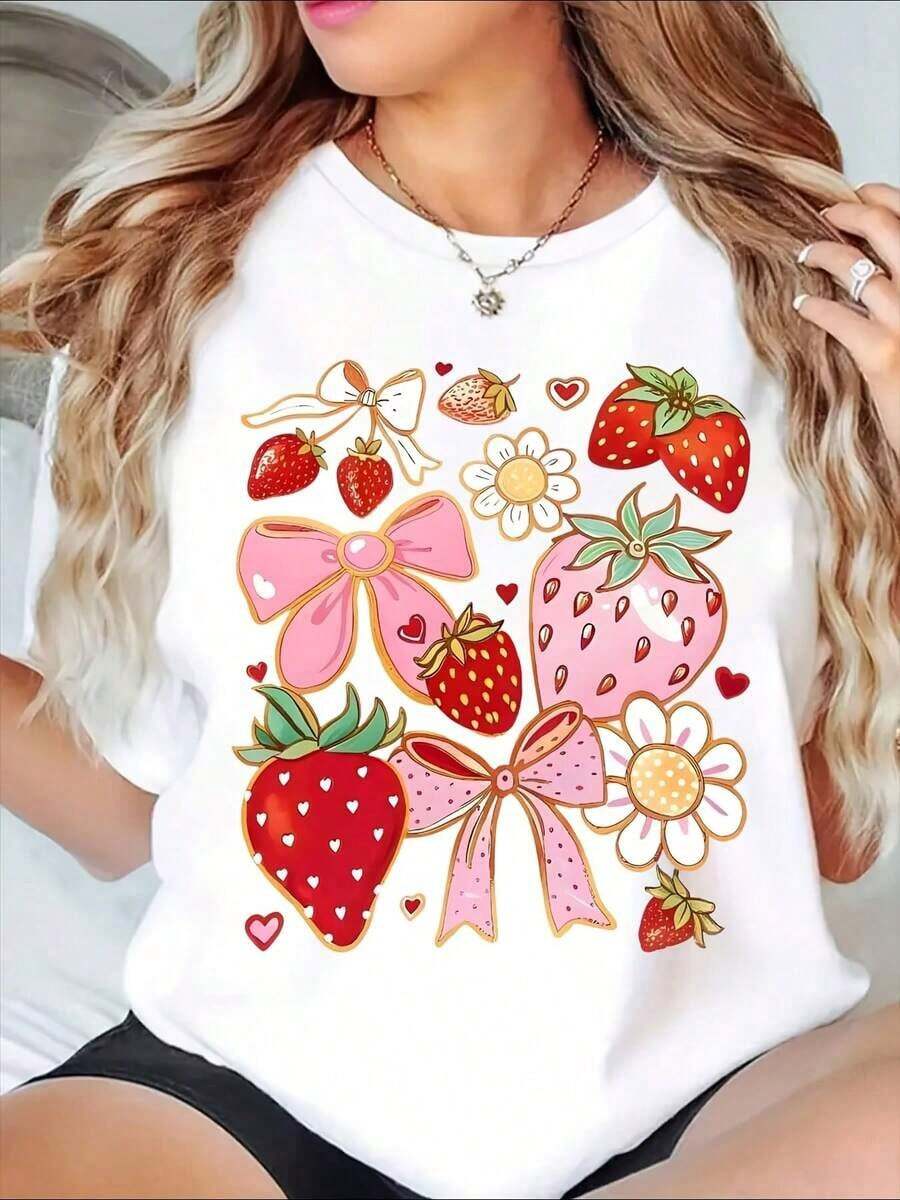 1 Piece Of Women's Casual Summer T-Shirt With Strawberry And Flower Bow Print, Featuring A Heart And Daisy Design. It's A Perfect T-Shirt To Give To Friends And Family On Any Holiday Or Special Occasion. 220g/180g, 100% Cotton. - 白色 - 查看 1