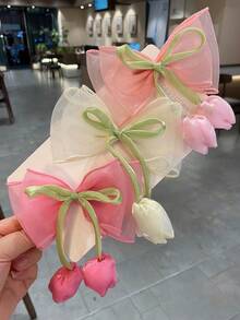 3件套女孩纯色双蝴蝶结发夹，甜美郁金香花朵发夹，适用于刘海、后颈，鳄鱼夹带网纱，适合度假，可爱女孩礼物，适合旅行、节日、派对、情人节及各种场合。 - 玫紅色 - 查看 8