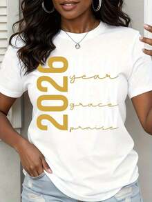 1 camiseta con estampado dorado "Grace Praise" del año 2026, para mujer, estilo casual, ideal para uso diario, atuendo para iglesia, camiseta gráfica con declaración motivacional, 180g, 100% algodón. - Blanco - Ver 1
