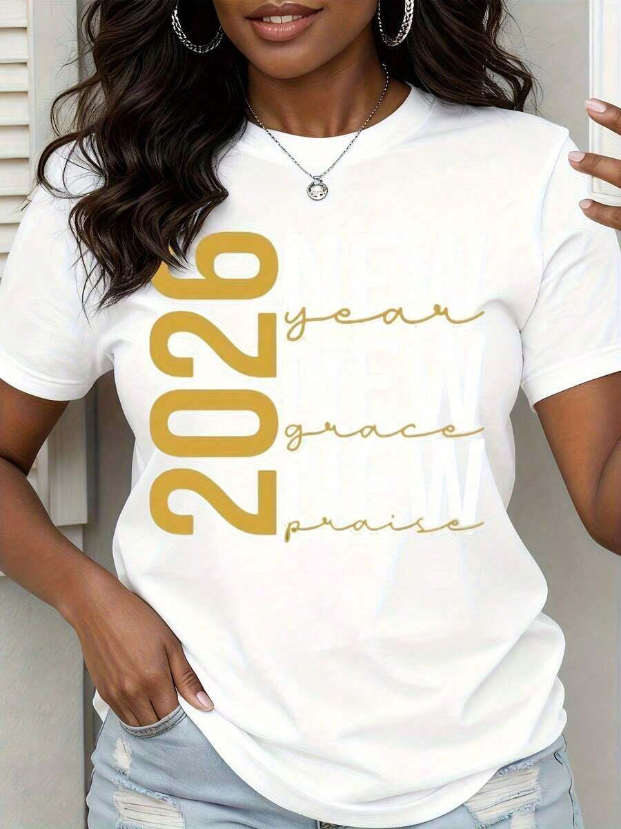 1 camiseta con estampado dorado "Grace Praise" del año 2026, para mujer, estilo casual, ideal para uso diario, atuendo para iglesia, camiseta gráfica con declaración motivacional, 180g, 100% algodón. - Blanco - Ver 1