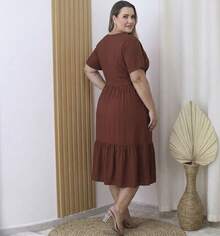 Plus Size Midi Dress With Button Detail And V-Neck - Rust Brown - View 3