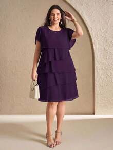 Reflora Vestido de moda con cuello redondo, mangas con volantes y estampado floral para mujer de talla grande - Morado - Ver 6