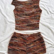 x Eduarda Gutierrez  Conjunto de 2 piezas para mujer con top corto de punto a rayas y shorts ajustados de tiro súper bajo, atuendo adecuado para vacaciones, fiestas, Navidad, San Valentín, citas, playa, crucero, carnaval, Pascua, Año Nuevo Chino - Caqui - Ver 10