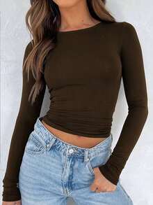Camiseta De Verano Para Mujer unicolor De Cuello Redondo Y Manga Corta De Ajuste Delgado - Marrón 2 - Ver 6