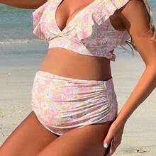 Momance Conjunto de bikini con cuello en V con volantes de cintura alta y estampado floral para embarazadas - Multicolor - Ver 5
