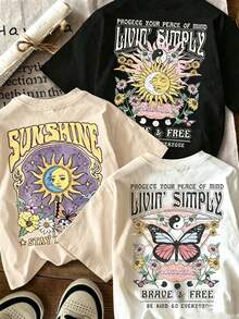 Women's Casual Cotton T-Shirt. Single Garment, Not A 3-Piece Set. One Piece/Set Of Short-Sleeved T-Shirts Suitable For Streetwear. Oversized Crew Neck Top For Everyday Wear, Camping, Concerts, Hip-Hop, Rock, And Rap Events. Features A Floral Print, Premium Cotton, Relaxed Fit, Comfortable Casual Style, And Graphic Design. - 黑色 - 查看 1