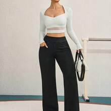 FlexDen Pantalones vaqueros de pierna ancha, estilo casual deportivo, con elástico para mujer - Azul lavado medio - Ver 6