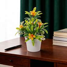 Artificial Trumpet Flower Small Potted Plant, Desktop Decor, Indoor Plastic Greenery Ornament - Coral Orange - View 5