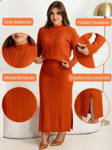 Conjunto Feminino Tricot Modal – Saia Midi + Blusa Manga Longa Inverno Casual Elegante e Quentinho - Laranja - Visão 4