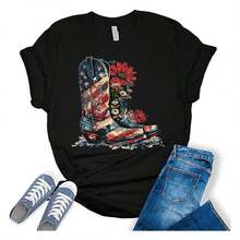 1 pieza GyftWear Camisetas de Mujer para el 4 de Julio, Camisetas Patrióticas con Bandera Americana, Camisetas Gráficas Casuales de Manga Corta de EE. UU., Camiseta de Mujer a la Moda, Súper Suave y Transpirable, Ajuste Cómodo, Estilo Versátil para Uso Diario, Adecuada para Todas las Temporadas. 180g 100% algodón, los diseños están completamente impresos. Unisexo. - Negro - Ver 1