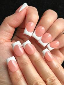 10 miếng dán móng tay vuông thủ công, nền hồng với đầu móng trắng kiểu Pháp, móng giả acrylic tối giản, bề mặt bóng, phù hợp cho các bạn nữ sử dụng hàng ngày, đi nghỉ mát, dự tiệc và đi học. Bao gồm gel và dũa móng. - Nhiều màu - Xem 5
