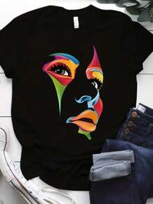 1 Piece Of Women's Fashion T-Shirt - Colorful And Eye-Catching Figure Prints, Short Sleeves, Round Neck - Comfortable, Ideal For Curvy Figures, Casual Style. 180g 100% Cotton, Prints Are Fully Printed. Unisex. - 黑色 - 查看 8