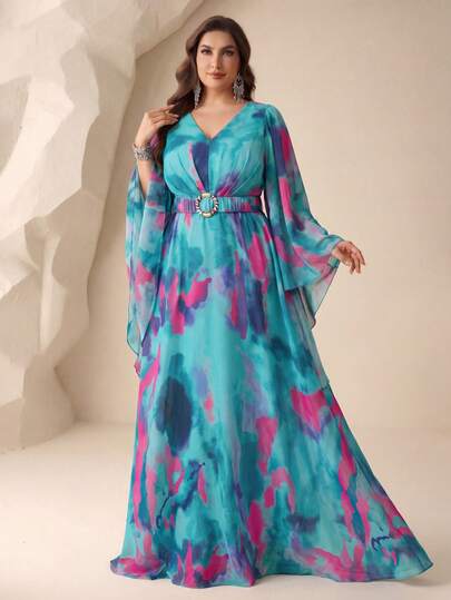 SUPGIR [Họa tiết hoa màu nước ngẫu nhiên] Đầm chiffon cổ chữ V tay xòe với phần ngực và eo xếp ly, có cúc trang trí, kiểu dáng thanh lịch.