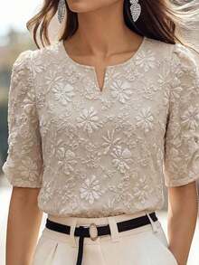 Camisa de mujer con cuello en V y estampado floral, de uso casual y versátil para el día a día - Caqui - Ver 3