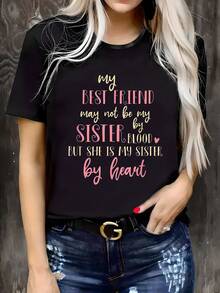 OversizeCamiseta casual de cuello redondo para mujer, talla grande y corte ajustado - con la emotiva frase "Mi mejor amiga, mi hermana", mangas cortas, tela ligeramente elástica, corte regular, una prenda cómoda adecuada para todas las estaciones. - Negro - Ver 6