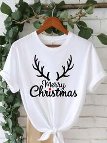Camiseta de cuerno de reno blanco y feliz Navidad impresa - manga corta cuello de tulación Top casual con diseño de cuerno negro, relado H-Line uste, toda la tempor vestido de fiesta, regalo de Navidad perfecto (lavable en máquina) - Blanco - Ver 2