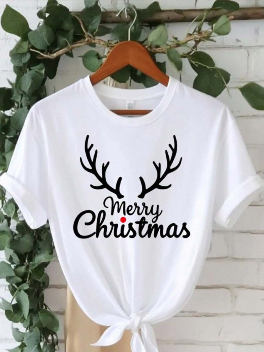 Camiseta de cuerno de reno blanco y feliz Navidad impresa - manga corta cuello de tulación Top casual con diseño de cuerno negro, relado H-Line uste, toda la tempor vestido de fiesta, regalo de Navidad perfecto (lavable en máquina)