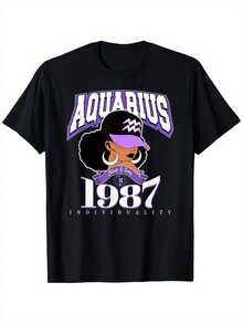 Camiseta Aquarius 1987 Queen Constellation Traits African Goddess Birthday - Negra con Gráficos Morados y Blancos, Corte Holgado, Manga Corta, Cuello Redondo, Tallas Grandes 1XL-5XL, Diseño Casual y Deportivo para Hombres y Mujeres, Regalo Perfecto para Cumpleaños, Y2k Camiseta Camisa De - Negro - Ver 10