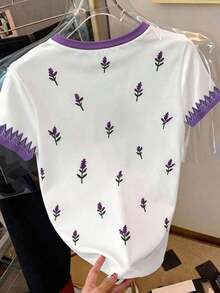 Camiseta casual de mujer de manga corta con cuello redondo, estampado de oso de dibujos animados y rayas - Multicolor 4 - Ver 2
