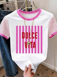 Camiseta casual de mujer de cuello redondo y manga corta con estampado de letras y rayas - Multicolor 12 - Ver 3
