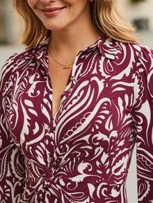 Women's Long-Sleeved Maxi Dress, Autumn-Winter, Printed, Button-Down With Knot/Twist Design, Slim And Flattering Fit, Casual And Elegant Style, Perfect For Day And Night - 酒紅色 - 查看 5