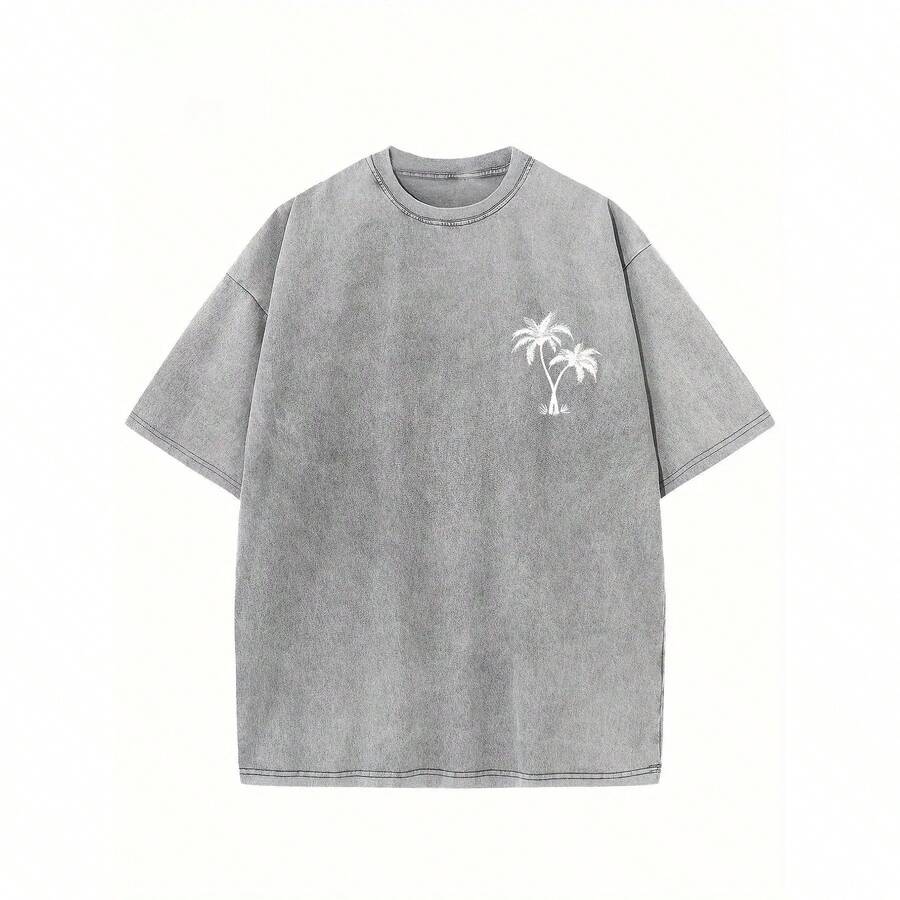 Camiseta de Algodón Puro de 230g con Estampado Creativo "Coconut Tree LOGO", Hombros Caídos, Estilo Oversize, Lavada, Retro Urbana para Hombre, Básica, Holgada, Estilo Hip-hop, Unisex, Lavado Ácido - Camiseta gris lavada - Ver 1