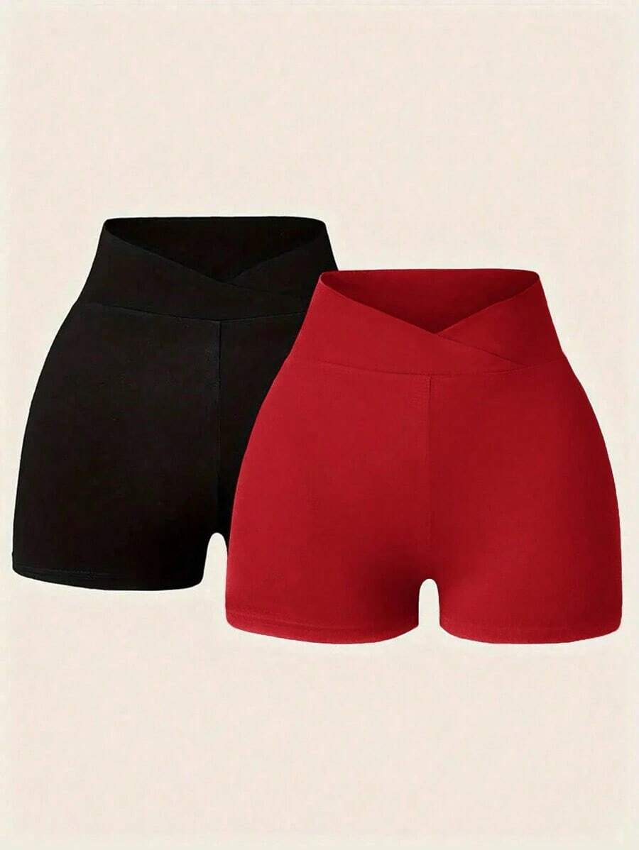 Pantalones cortos ajustados de unicolor y cintura superpuesta casuales para mujer, verano - Multicolor - Ver 1