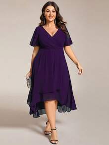 EVERPRETTY Elegant Plus Size Chiffon V-Neck Pleated Bridesmaid Dress With Soft Asymmetrical Ruffle Hem, Suitable For Wedding And Formal Occasions - Purple - View 6