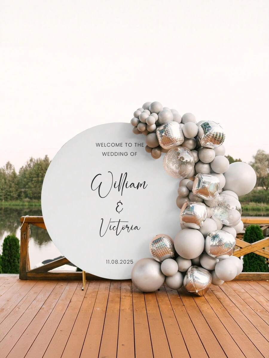 Customizable Round Backdrop (Excluding Stand), Personalized Round Wedding Arch Cover Background - Can Customize Any Text Design, Suitable For Wedding Ceremonies, Anniversary Parties And Event Styling, Modern Round Design, Smooth Texture - Multicolor - View 1